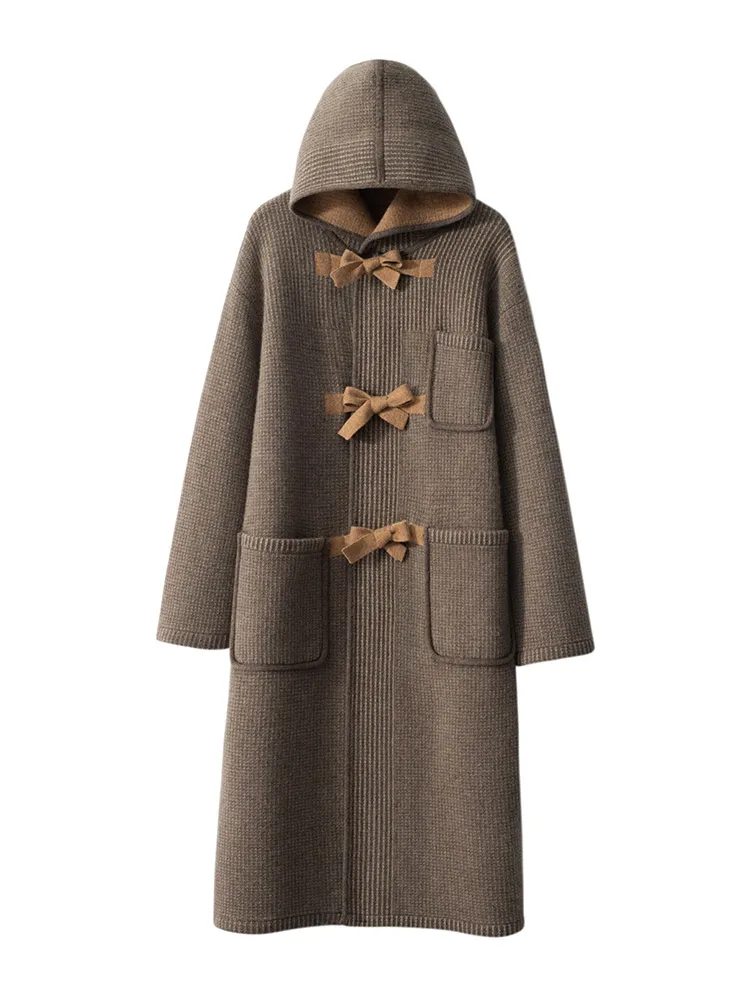 

TLOML Chic New Women's 100% Cashmere Sweater Hooded Tied Bow Tie Long Cardigan Cashmere Knitwear Autumn Winter Thick Luxury Tops