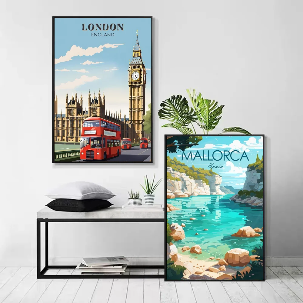 1pc Retro H-Holiday Travel City Lisbon London Tourism Poster Self-adhesive Art Waterproof Paper Sticker Wall Decor