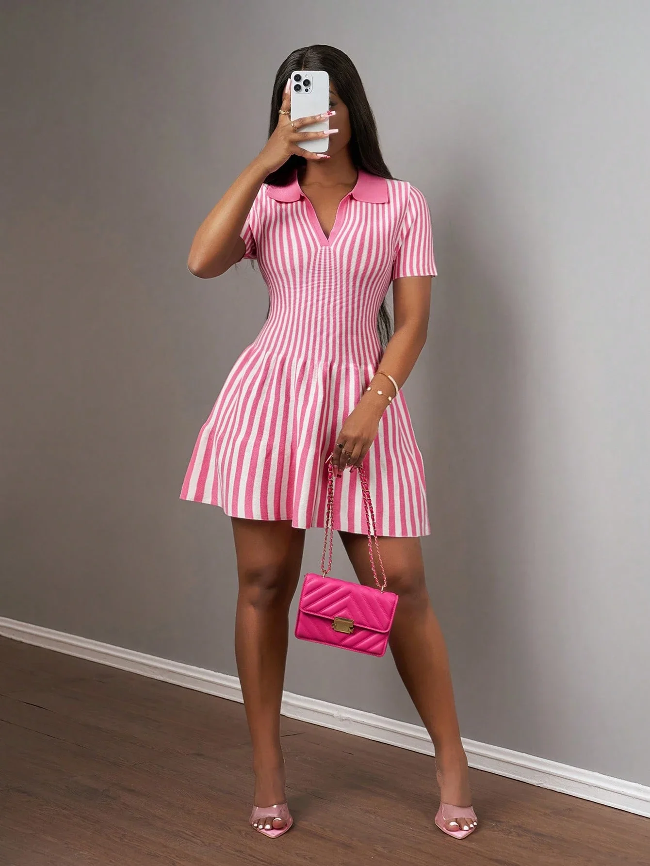 

Plus Size Summer Casual Striped Knit Polo Dress