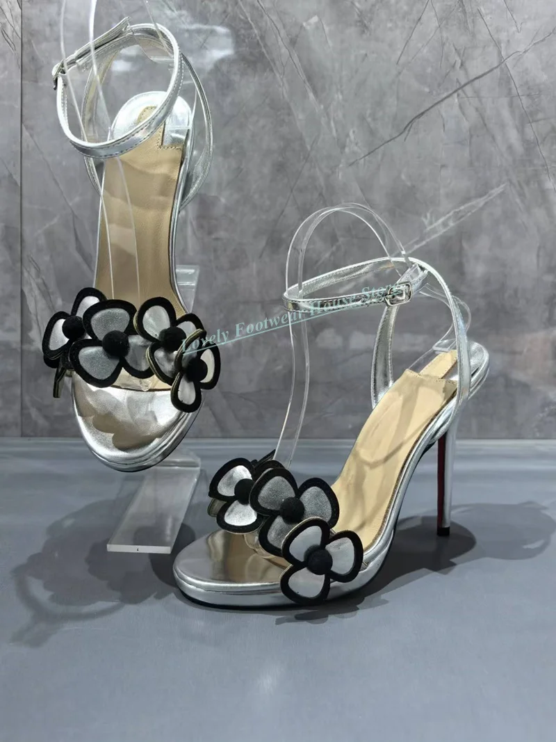 

Graceful Woman Flower Decoration Thin High Heel Sandal Shoes Female Silver Buckle Ankle Strap Party Wedding Sandal Shoes