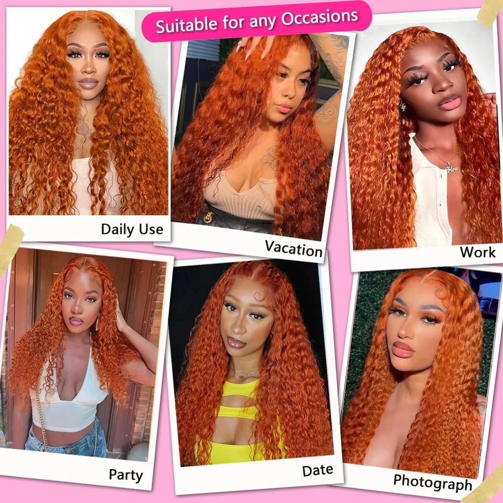 Orange Lace Front Wigs Human Hair 13x4 Lace Ginger Color Curly Wigs Human Hair 200% Density Deep Wave Pre Plucked Human Hair Wig