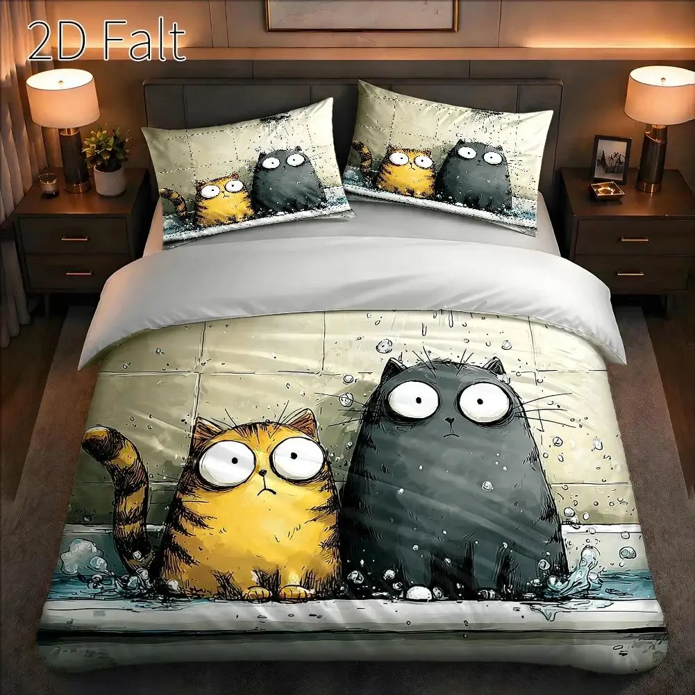 3-Piece Quilt Cover Set, 1 Quilt Cover + 2 Pillowcases (Without Filling) 2D Flat Priting, Three-Piece Quilt Cover Set, Cartoon Cat Theme, Hand-Painted Style, International Cat Day, Suitable for All Seasons, Machine Washable, Invisible Zipper, Large Quilt Cover Set, Bedding Set, Skin-Friendly and Breathable, Soft and Comfortable, Does Not Fade or Pill, Suitable for Home/Dormitory