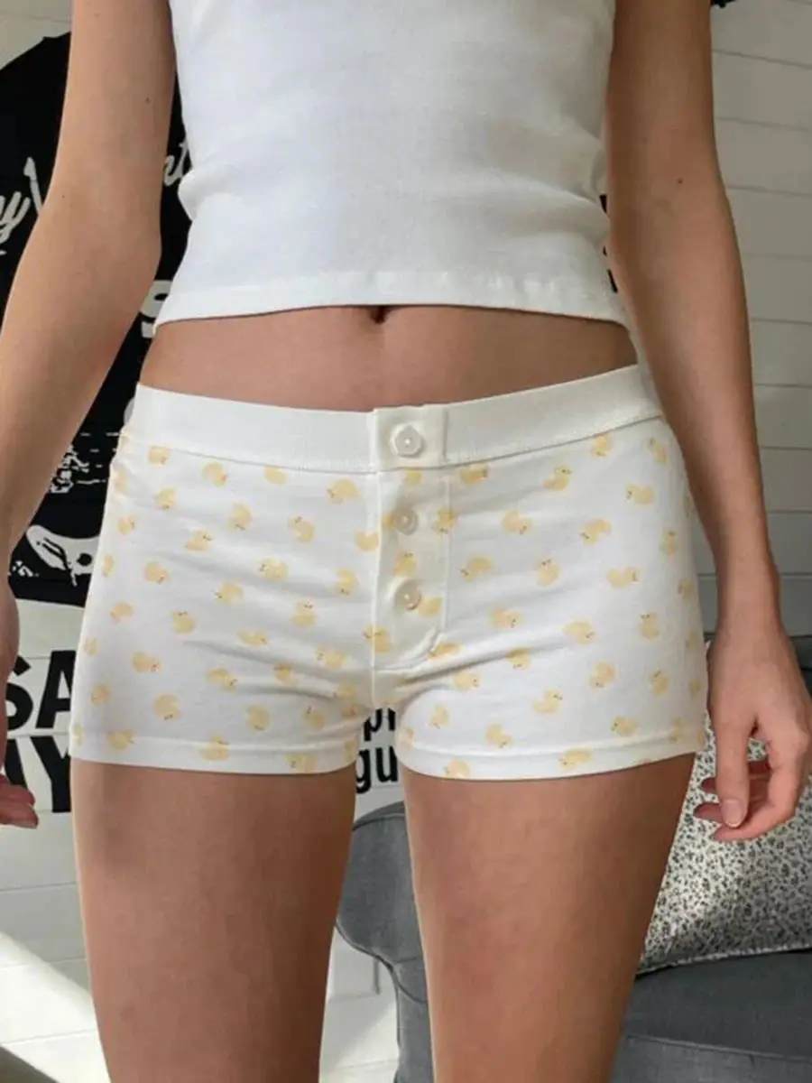 Cute Duck Print Vest Shorts 2 Pieces Set Women Bow Slim Sleeveless Tank Tops Elastic High Waist Straight Short Pants Sweet Sets