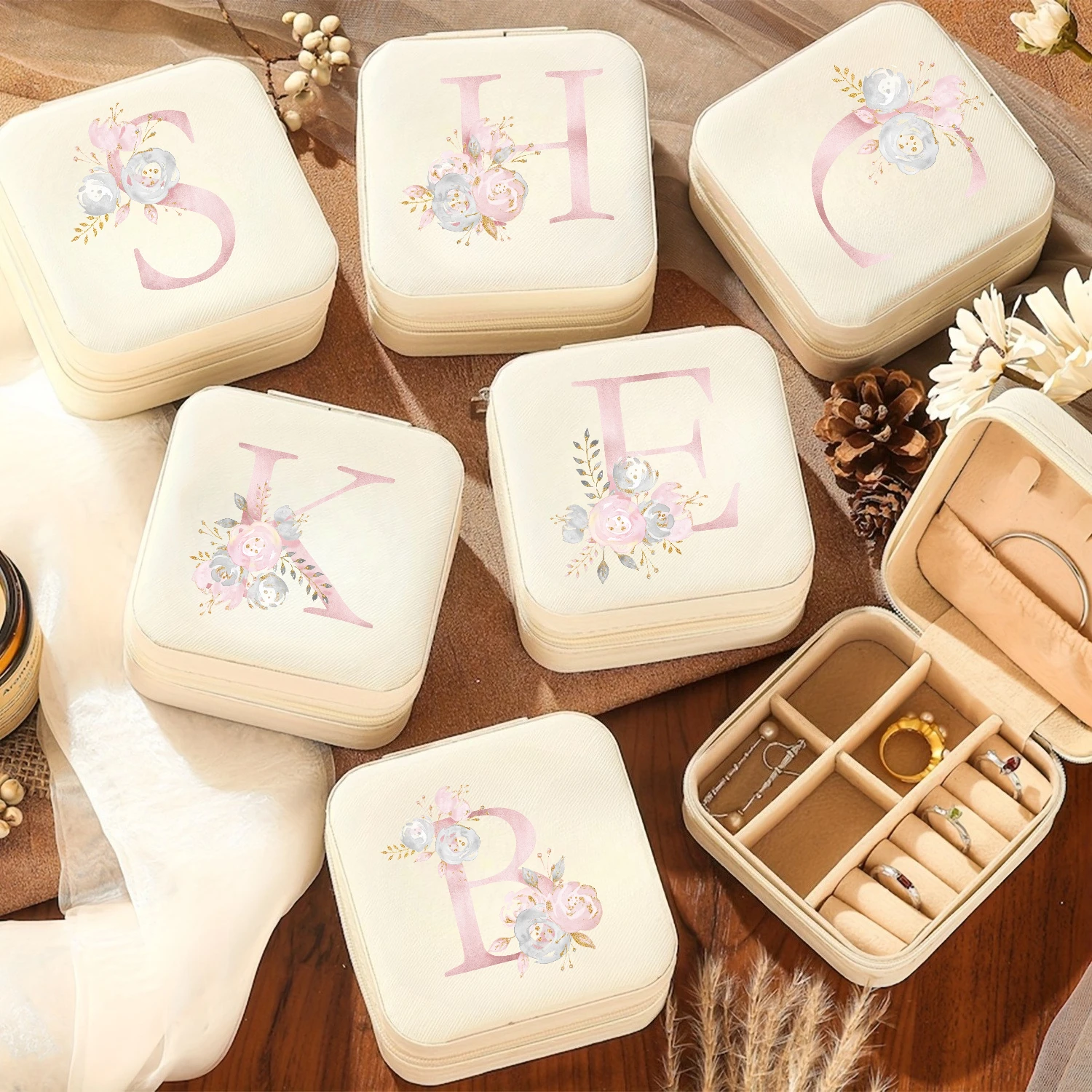 A-Z Alphabet Print Beige Travel White Storage Box, Jewelry Box with Zipper Closure and Fabric Lining