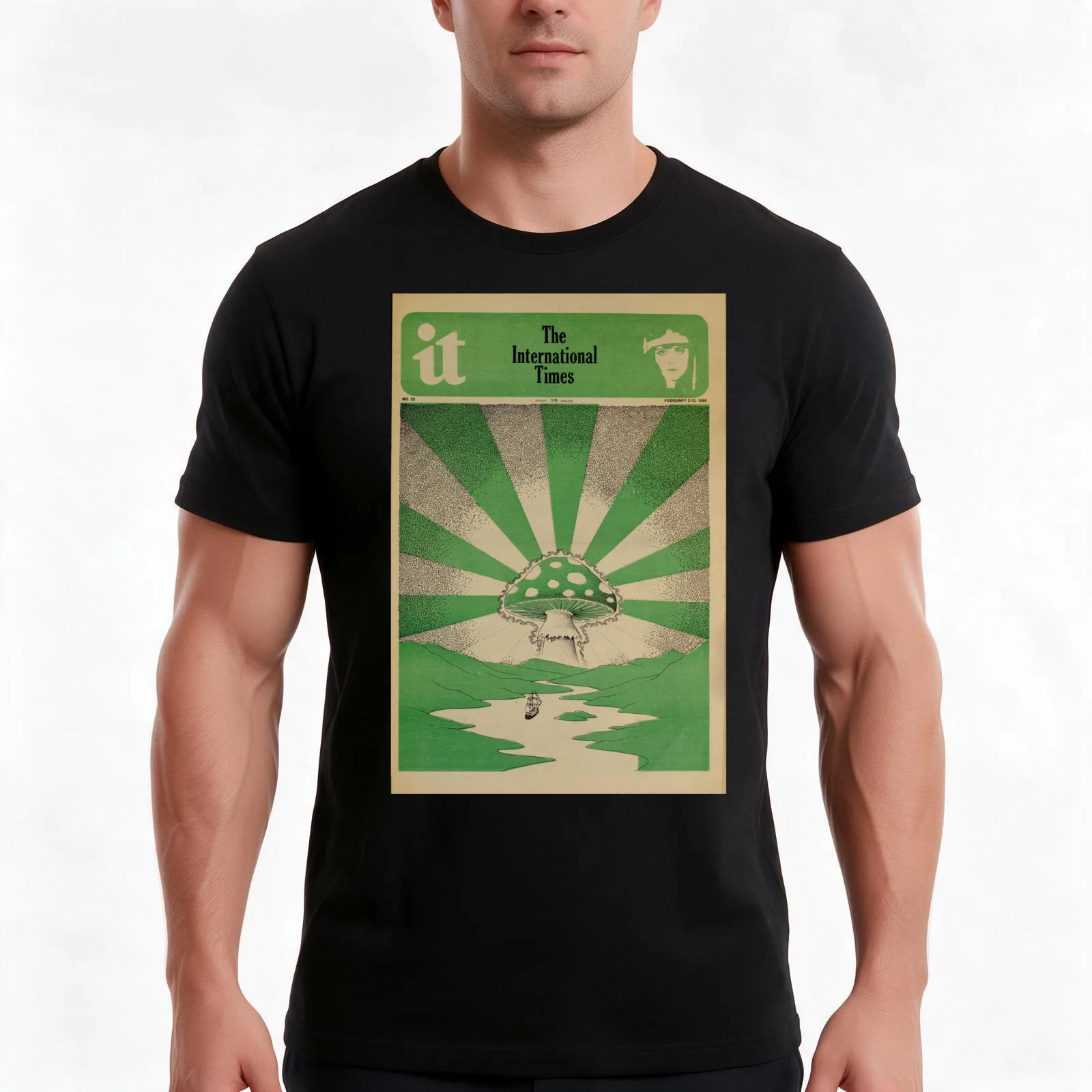 IT Magazine Green Mushroom Magazine Cover - 1968 Hippie Alt Rock T-Shirt, Summer Casual Cotton Tee, Oversized Streetwear Tops