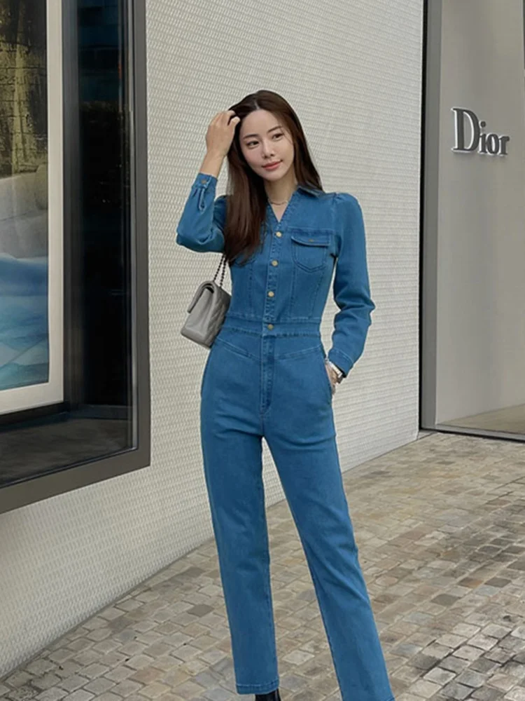 ハイウエストロングスリーブデニムジャンプスーツ レディース 薄手モデル 2024年新作 スレコットン ストレートレッグ タイト スリム ワンピーススーツ