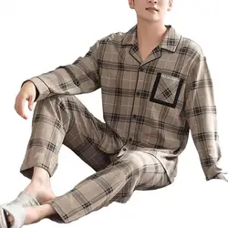 2024 Lente Herfst Streep Katoenen Pyjama Casual Geruite Pyjama Heren Lange Mouw Nachtkleding Ademend Comfortabel Huiskleding Pak 3xl