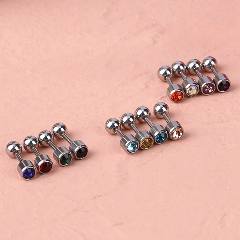 2Pcs Surgical Steel Multicolour Crystal Screw Ball Stud Earrings for Women/Men Cartilage Helix Barbell Ear Stud Piercing Jewelry