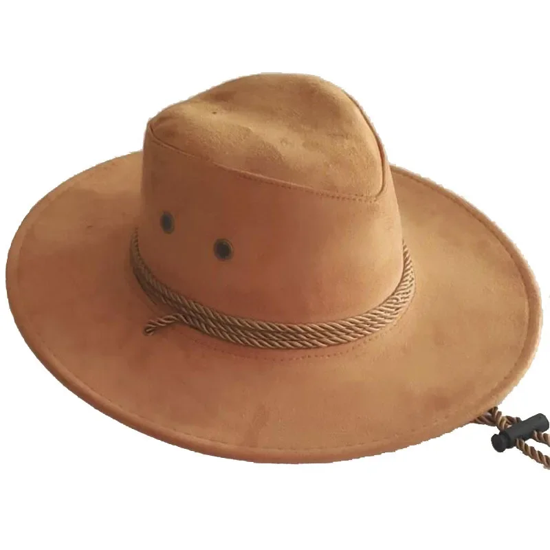 Men's Summer Sun Hat Solid Color Cool Western Cowboy Hat Plain Solid Color Men's Peaked Cap Large Western Rope Knight Cowboy Hat