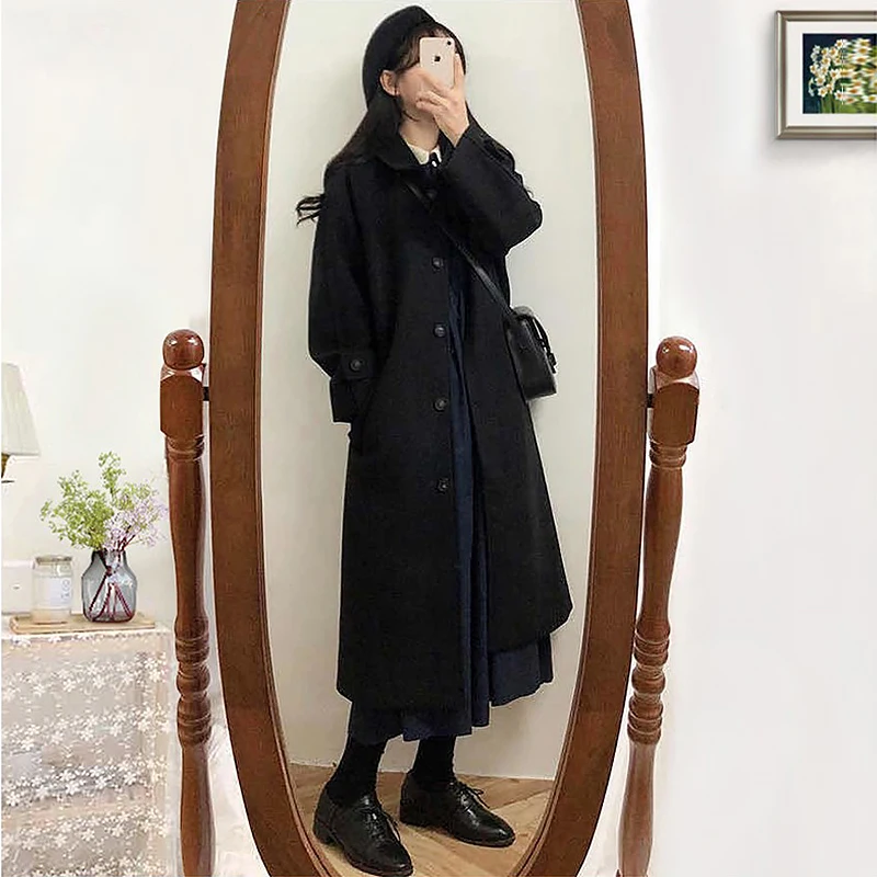 2023 Autumn And Winter New Solid Colour Double Row Of Buttons To Lengthen The Trench Coat Simple Style With Waist Lapel Coat