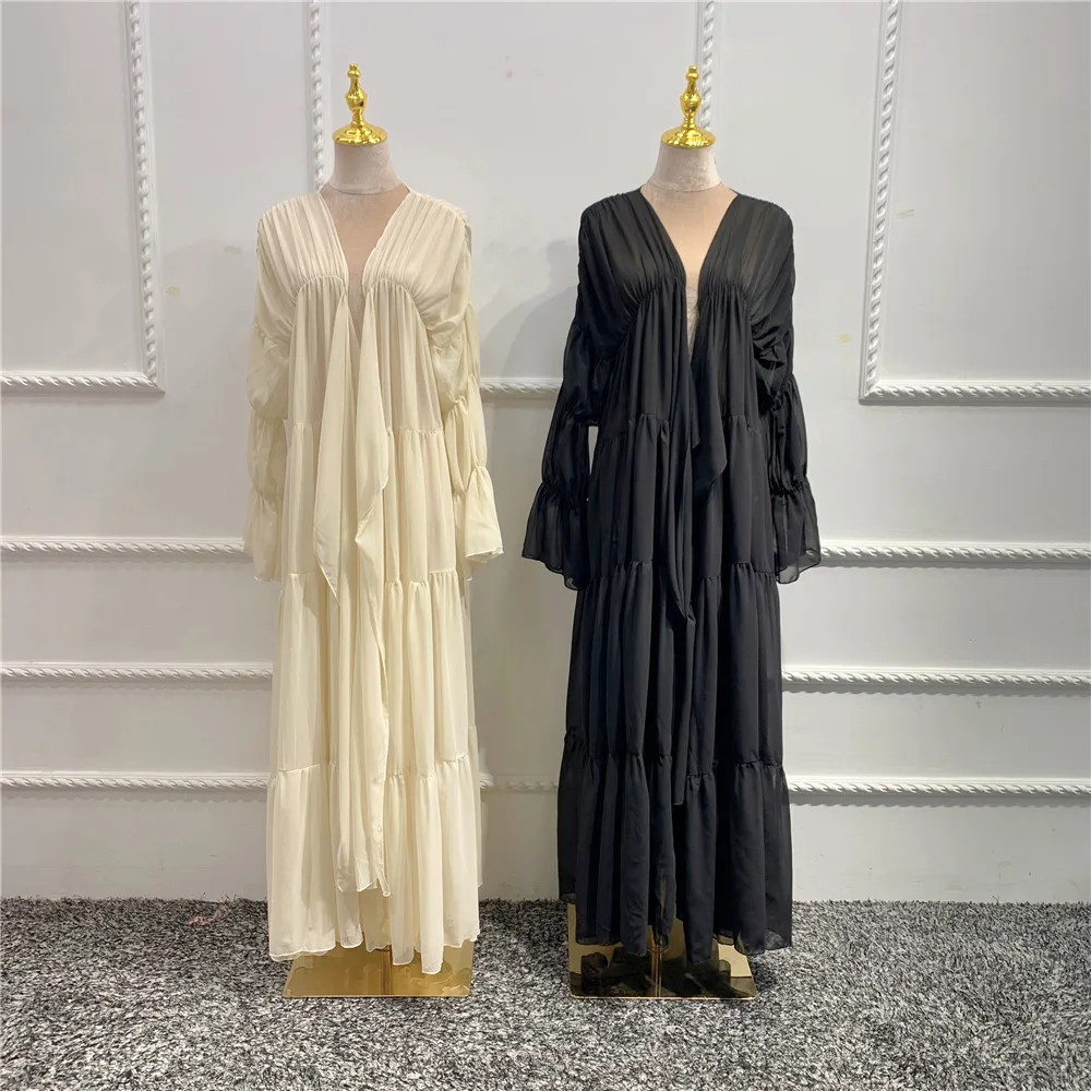 Arabic Abayas For Women Muslim Long Dress Solid Elegant Dubai Kaftan Islam Clothing Ruffle Maxi Robe Kimono Casual Spring Autumn