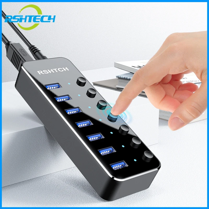 RSHTECH USB3.0 Hub Aluminum Industrial 7-Port Splitter Split Switch with 5V 2A Power Adapter for Macbook Mobile Phone Tablets