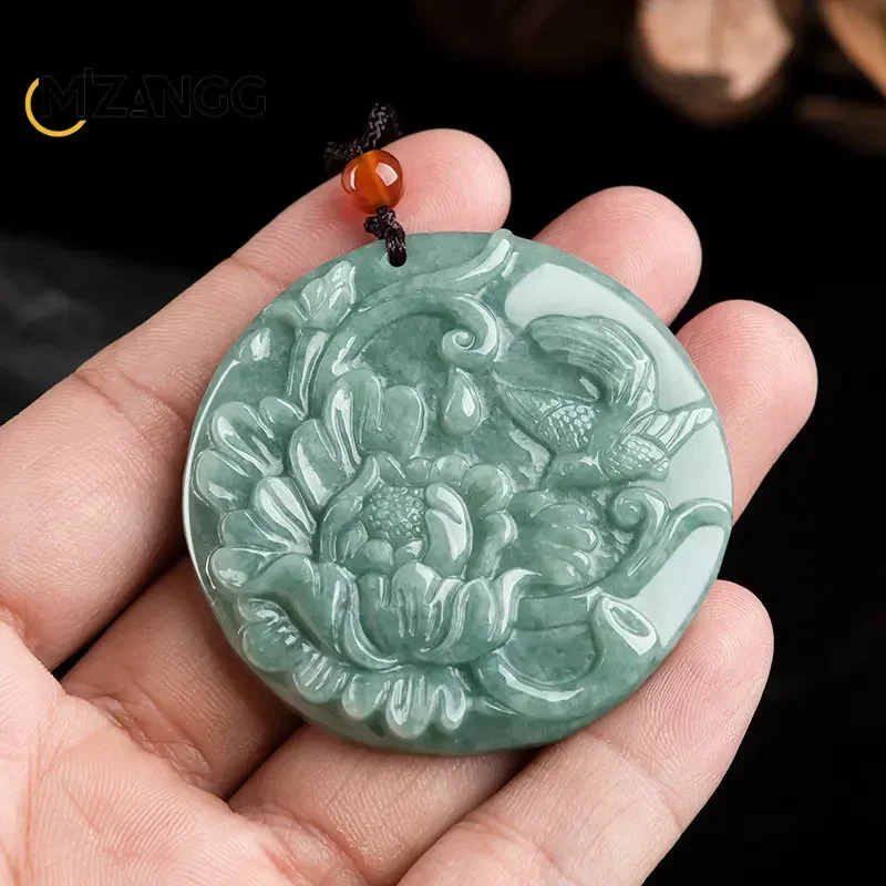 Natural A-grade Jadeite Peony Flower Magpie Pendant Personalized Ice Jade Pendant Sweater Chain Men and Women Jade Pendant