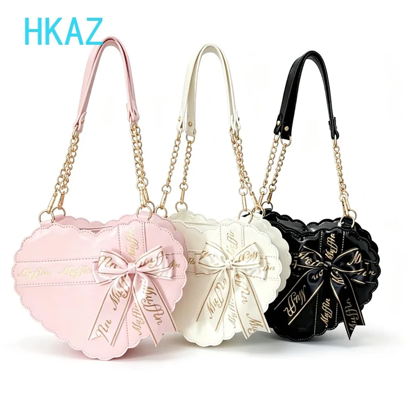 PU Messenger Bag Love Shaped Big Bow Handbag Cute Girl Sweet Versatile Fashion Japanese Lolita Shoulder Cosmetic Bags