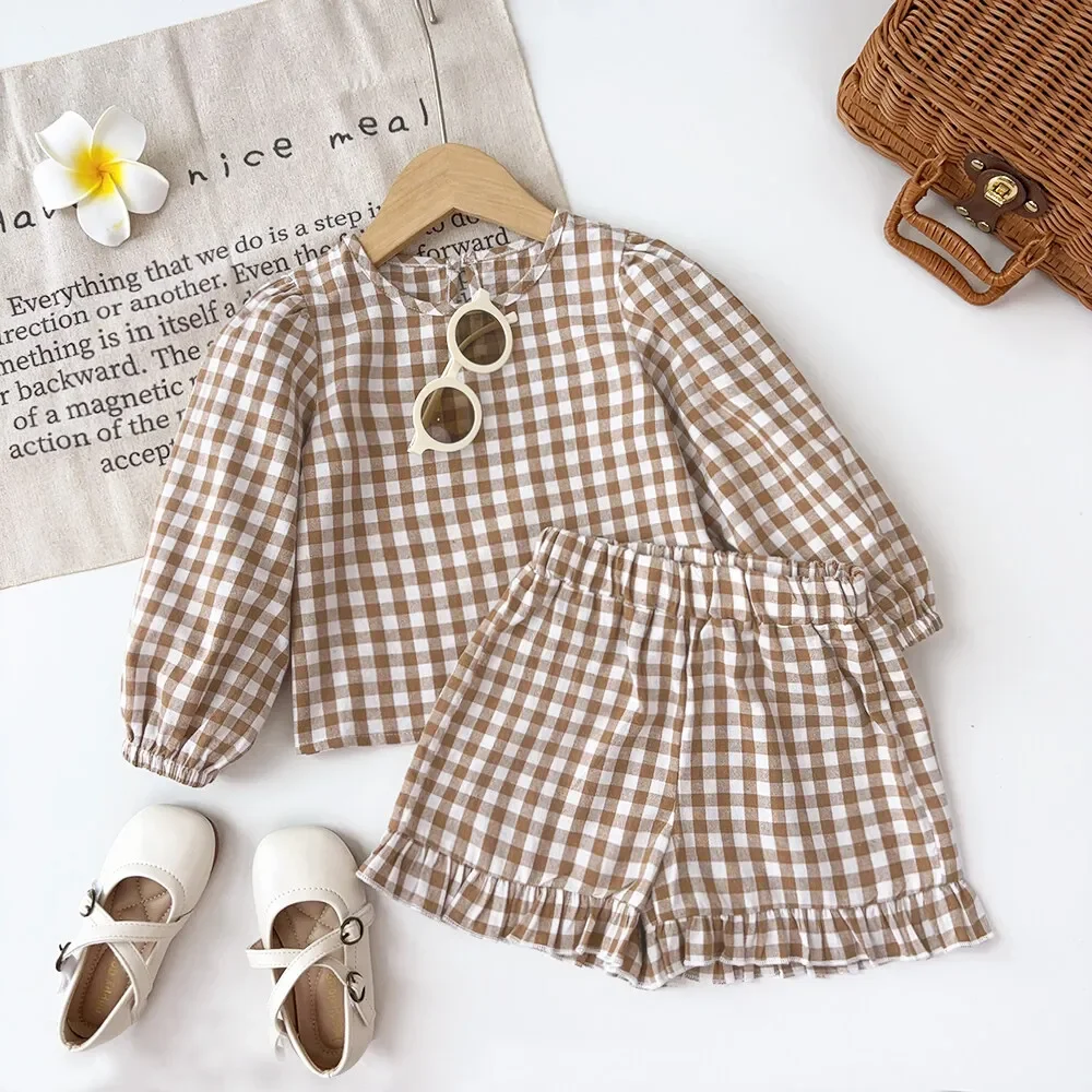 Children's Clothing Autumn Khaki Plaid Suits Long Sleeved Round Neck Top+Shorts Two-piece Sets Simple Basic Girl's Clothing