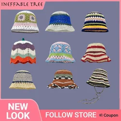 INS Retro Hollow Cherry Handmade Knitted Flower Fisherman Hats for Women Spring Summer Sweet Casual Bucket Bob Cap Sombrero