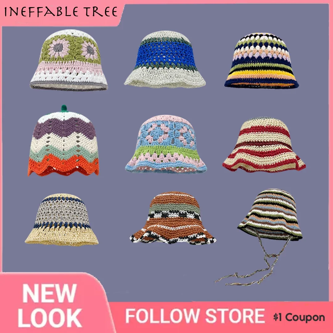 INS Retro Hollow Cherry Handmade Knitted Flower Fisherman Hats for Women Spring Summer Sweet Casual Bucket Bob Cap Sombrero