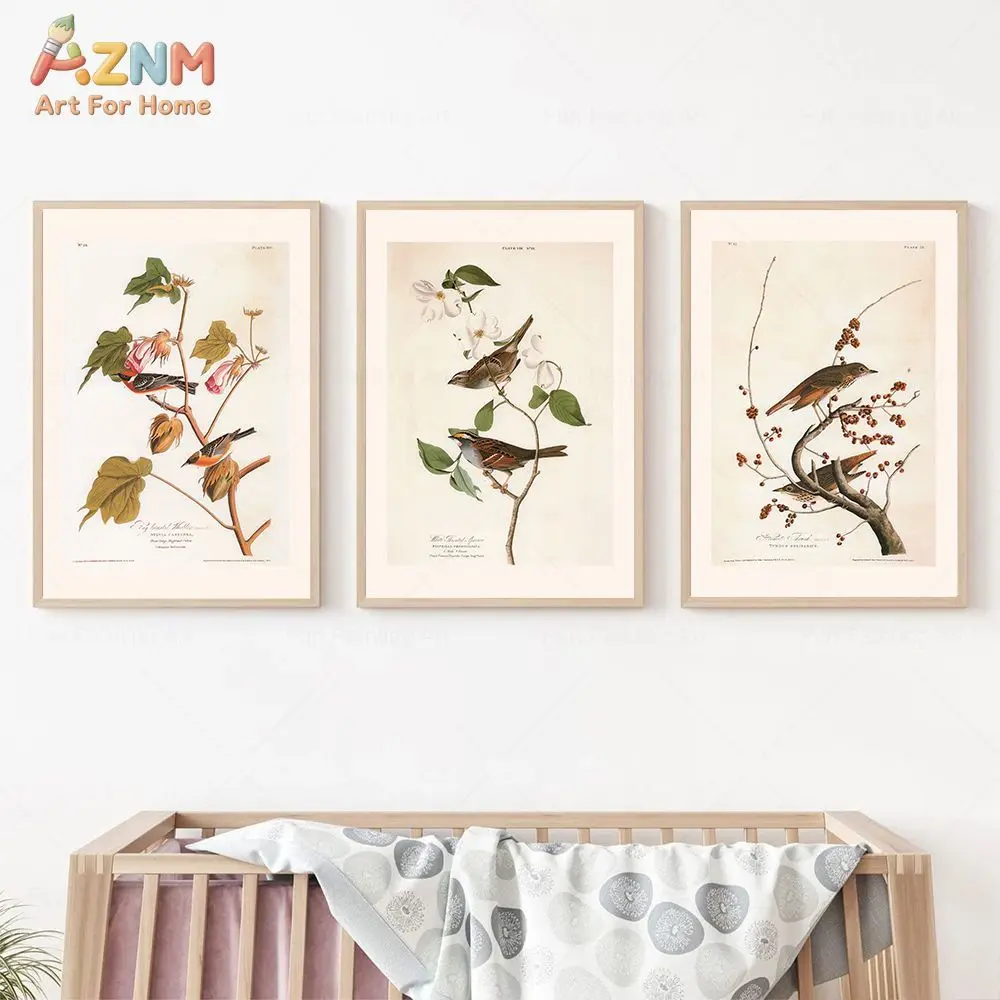 AZNM Vintage Audubon Bird Canvas Wall Art Retro Botanical Wild Birds Leaf Antique Illustration Unframed Print For Farmhouse Livi view 4