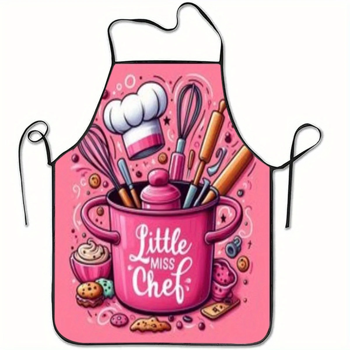 1pc rosa "pequeno chef" avental de cozinha divertido cozinhar cozimento design com utensílios doces poliéster, leve