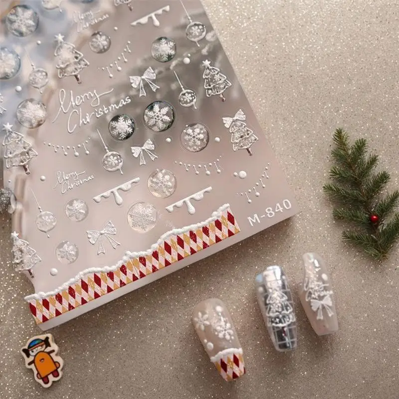 لطيف عيد الميلاد نمط الأبيض شجرة عيد الميلاد ندفة الثلج مسمار الفن ملصقات القوس الأحمر مسمار الفن طباعة تنقش ملصق احتفالي مسمار ديكور