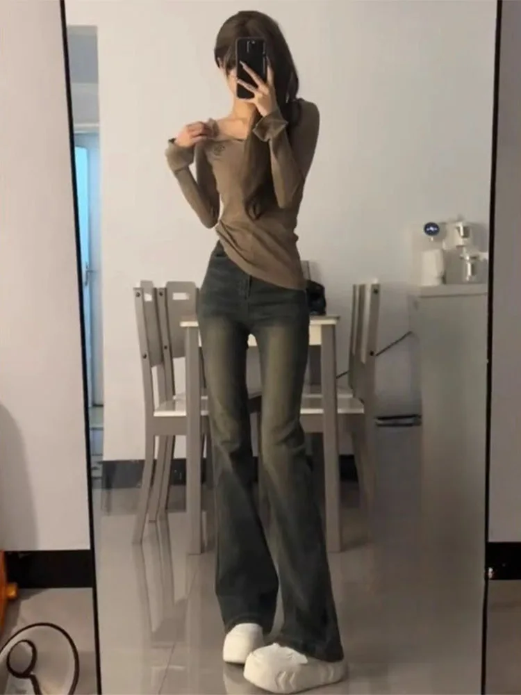 

Джинсы-колокольчики с высокой талией, женские осенние новые эластичные утягивающие брюки длиной до пола, винтажные джинсовые узкие брюки с талией