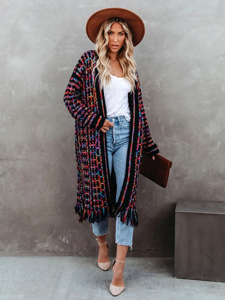 Bohemian Vintage Women\'s Cardigan Winter Clothing Fringe Colorful Slim Long Jacket Female Fashion Knitted Coat New