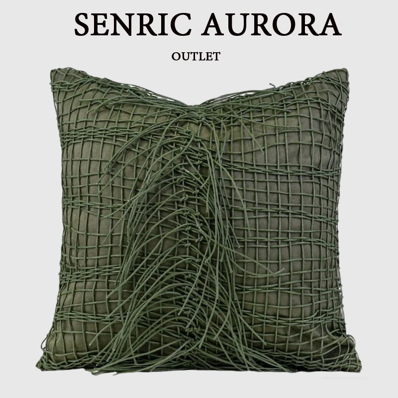 Green Cushion Cover Rope Woven Tassel Style Square Pillow Case Modern Light Luxury Model Room Sofa Pillow Cover