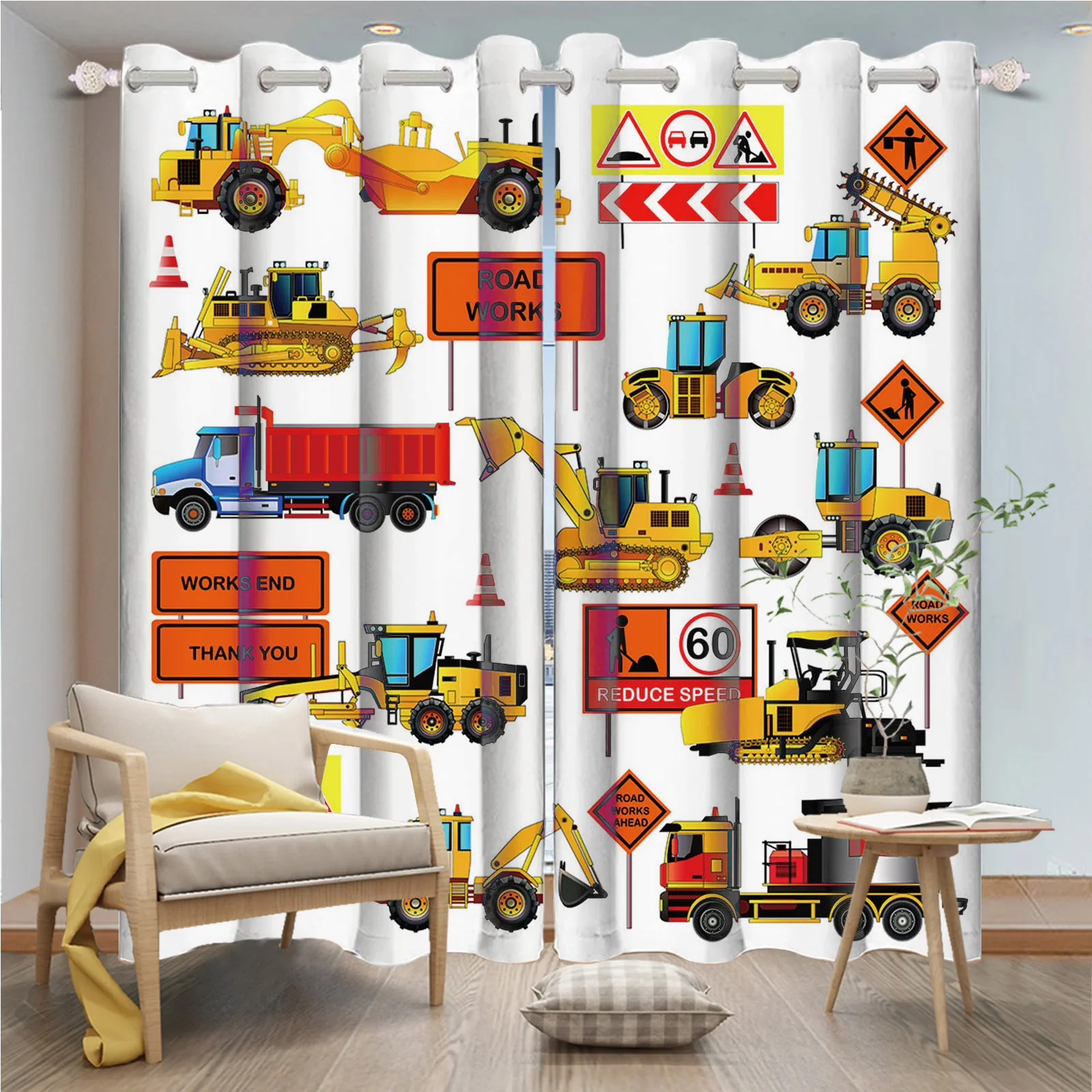 2pcs/set Cartoon Car Themed Boy Bedroom Farm Construction Truck Tractor Pattern Drapes Living Room Playroom Room Decor Curtain