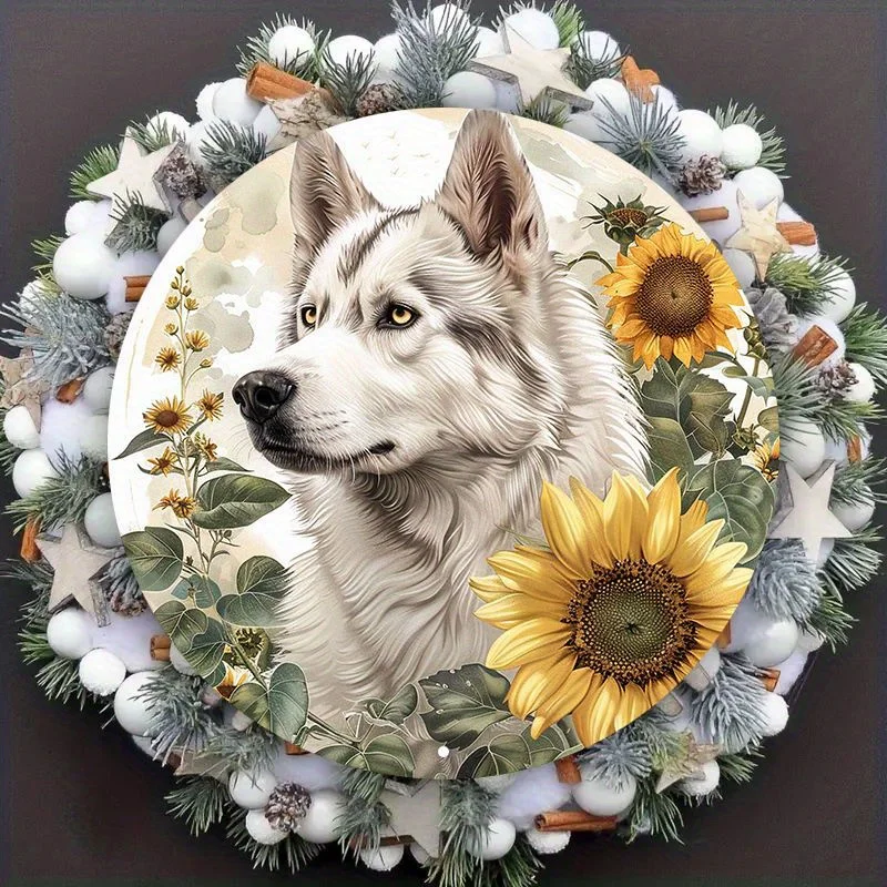 Decorative Metal Plaque with High Definition Printing for Indoor and Outdoor, Husky and Sunflowers Circular Aluminum Sign