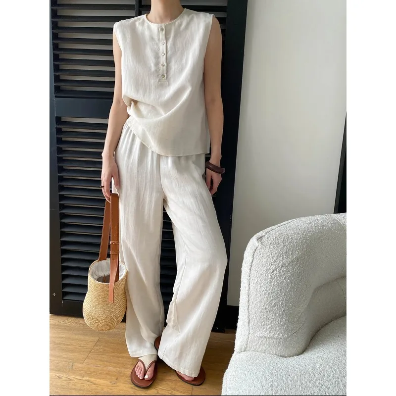 

Women Navy Blue Sleeveless Button Down Tank Top And Elastic Waist Wide Leg Pants Two Piece Set Casual Loungewear Casual OPP2
