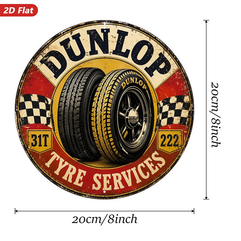 2D Flat - 【2D Flat】 2D Flat Print 1pc Metal Iron Sign. Round Metl Sign Wll Rt, Vintge - Style Dunlop Tyre - Themed Home Decor, U