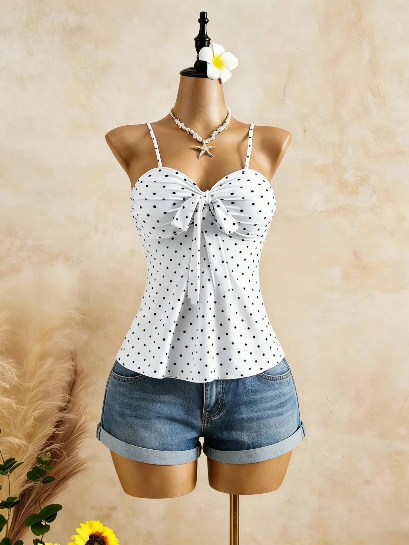 Damen Cami-Top mit Spaghettiträgern, Herzausschnitt, vorne gebundenem Twist und ausgestelltem Peplum, Sommer 2026, einfarbig Weiß, lässig, Urlaub, schmale Passform – Detail 2