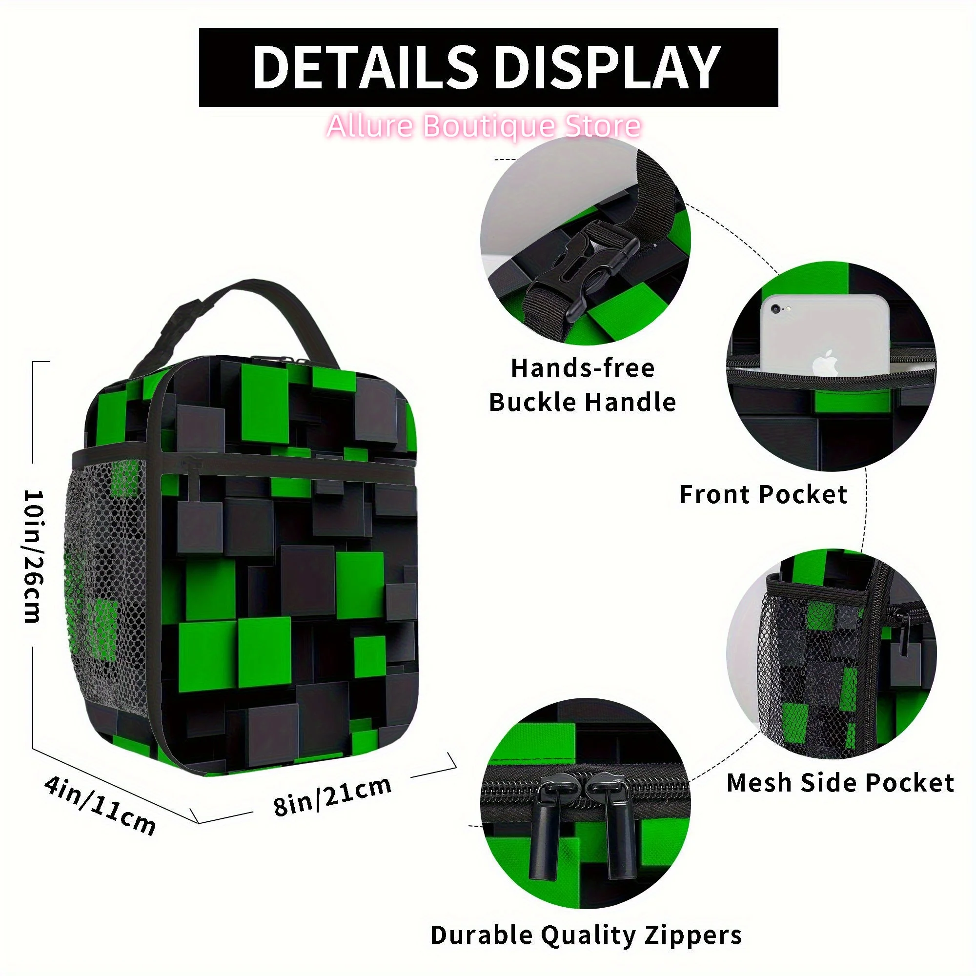 1pc a Thermal Bag Featuring Green Squares on a Black Background. This Insulated Bag Is Not Intended for Direct Food Contact And