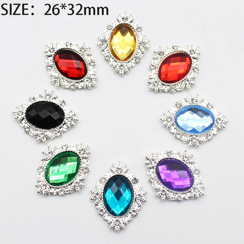 

New Silver Diamond Alloy Rhinestone Diy Decorative Buckle Hair Accessories Gift Box Flat Bottom Jewelry 26*32mm 10pcs