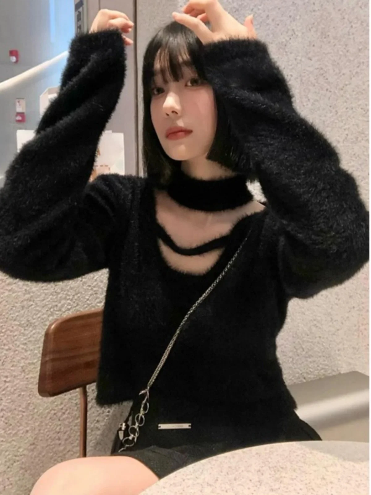 

Bla V-Ne Knitted Sweater ort Sle Women's Winter Faion Unique Design Fur Simulation Sweater Long Sve Top