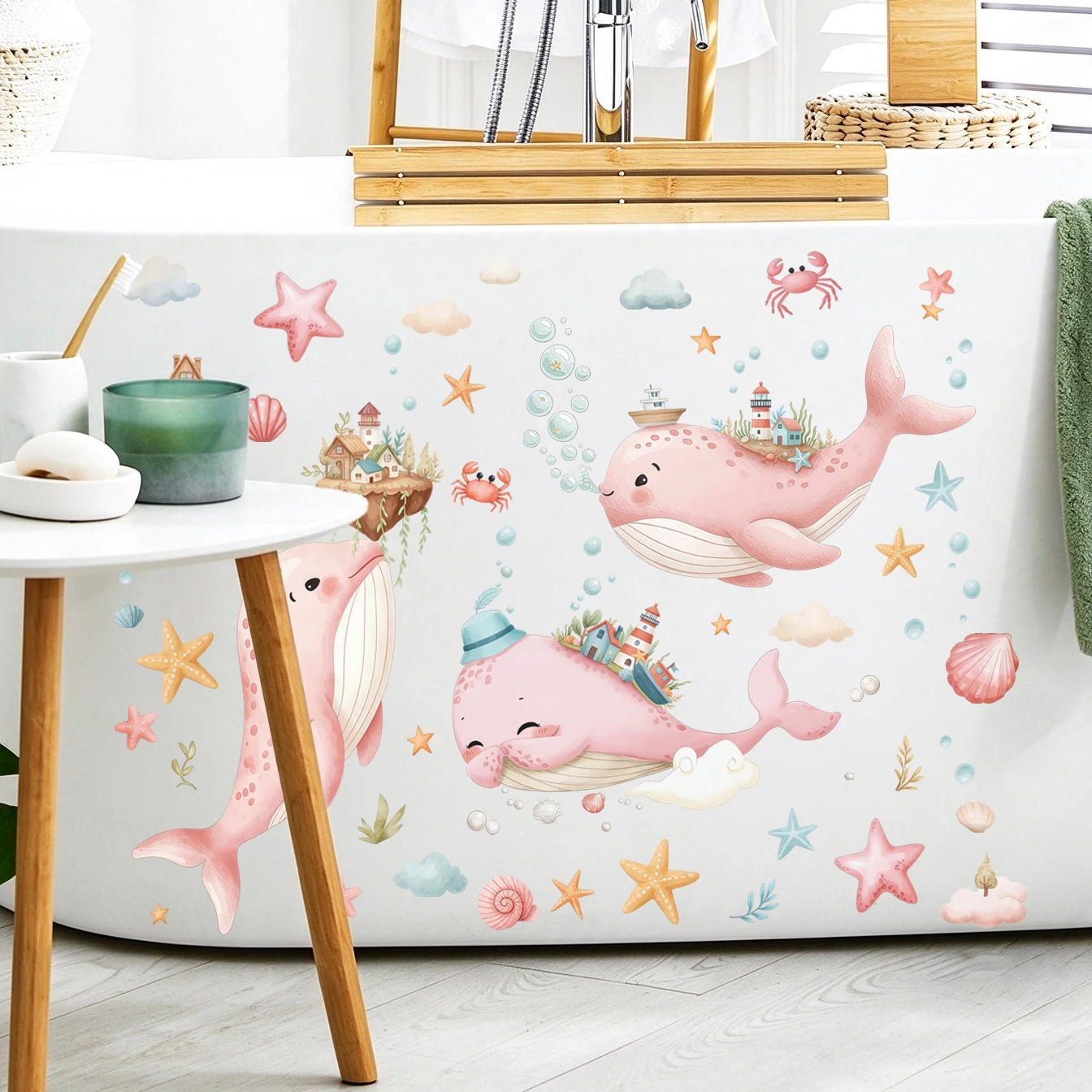 Watercolor Pink Whale Wall Stickers Ocean Starfish Crab Lighthouse Peel And Stick Decal Baby Nursery Kids Bedroom Decor