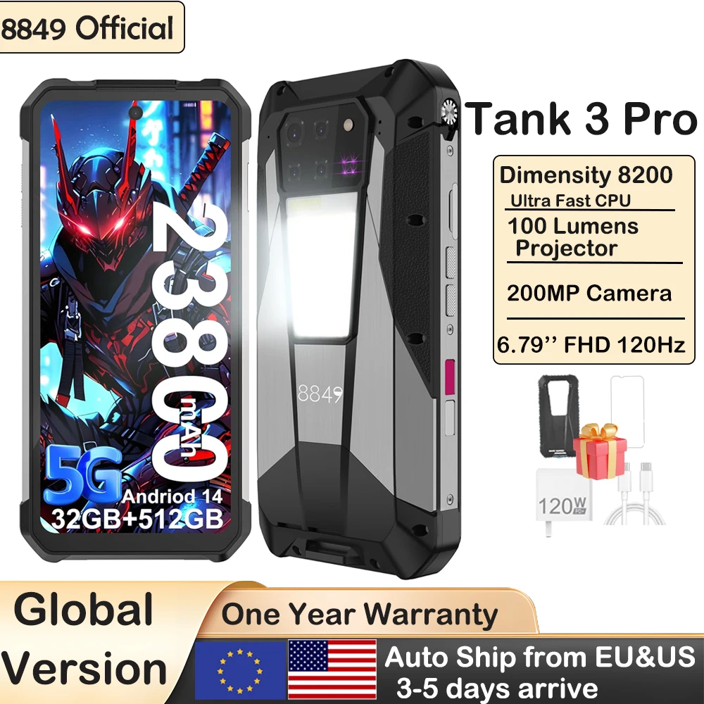 8849 Tank 3 Pro Unihertz Rugged Smartphones Projector Android 5G 23800mAh 512GB 36GB 200 MP Camera Dimensity 8300 Mobile Phone