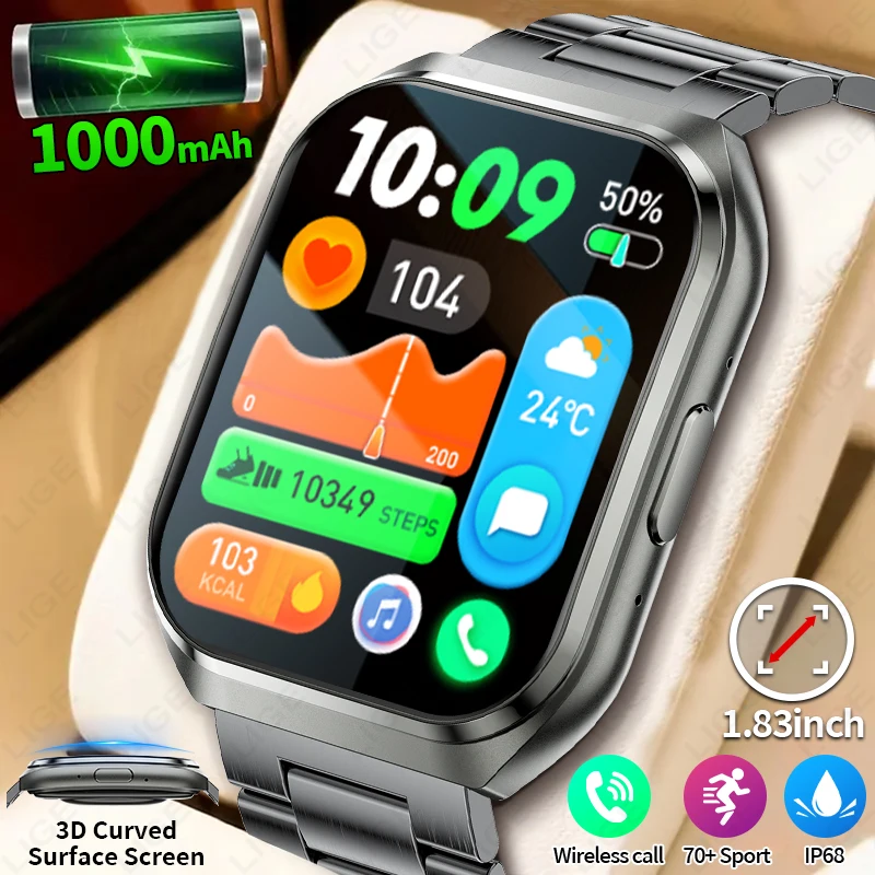 LIGE 2026 militar 1000mAh batería de alta capacidad reloj inteligente para hombres IP68 impermeable deporte Fitness Monitor de salud Smartwatch hombres