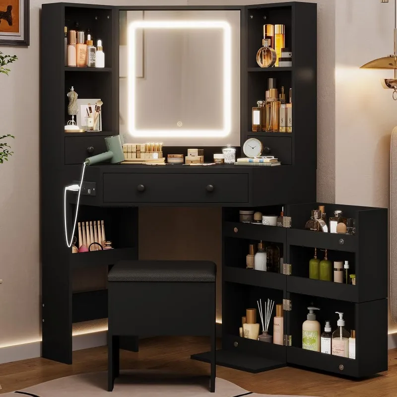 Corner Vanity Desk,Makeup Vanity with Mirror & Lights, Vanity Set with Rotating Shelves, Charging Station,Drawers&Storage Stool