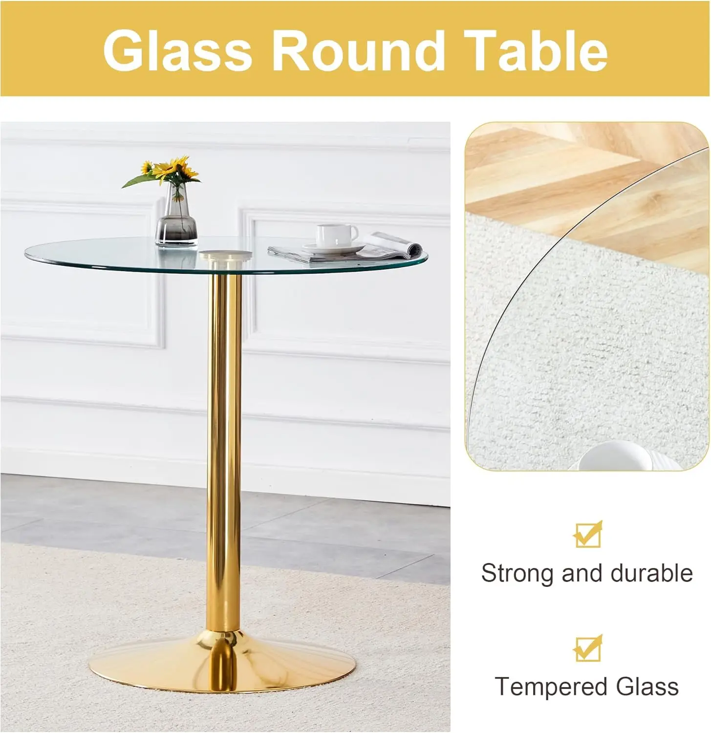 3- Round Bar Table Set,Round Counter Height Dining Table Set,35" Tempered Glass Pub Table and Light Grey Chairs,Round Gold bar