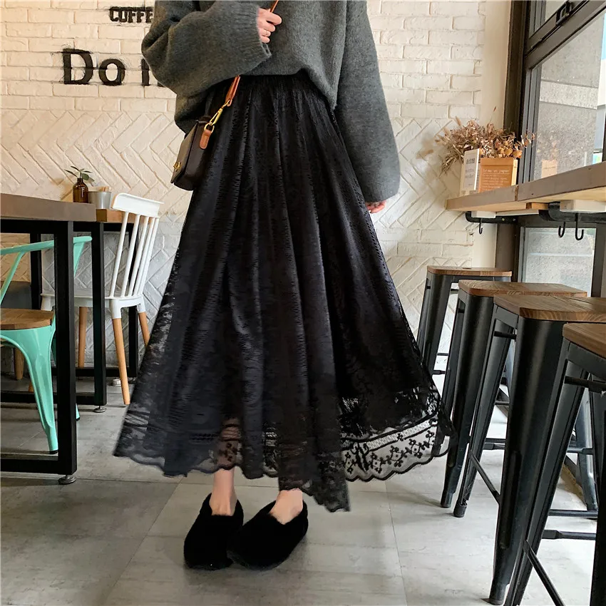 Arazooyi Elastic High Waist Lace Skirts Womens Spring Autumn 2021 New Korean Elegant Casual A-line Black Long Skirt Female