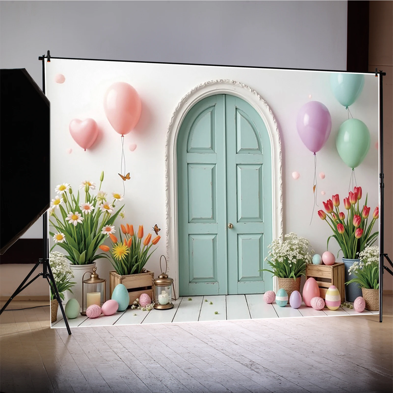 MOON.QG Easter Day Arch Door Backdrop Heart Balloons Flowers Egg Bunny Rabbit Background Children Photo Studio Photography Props