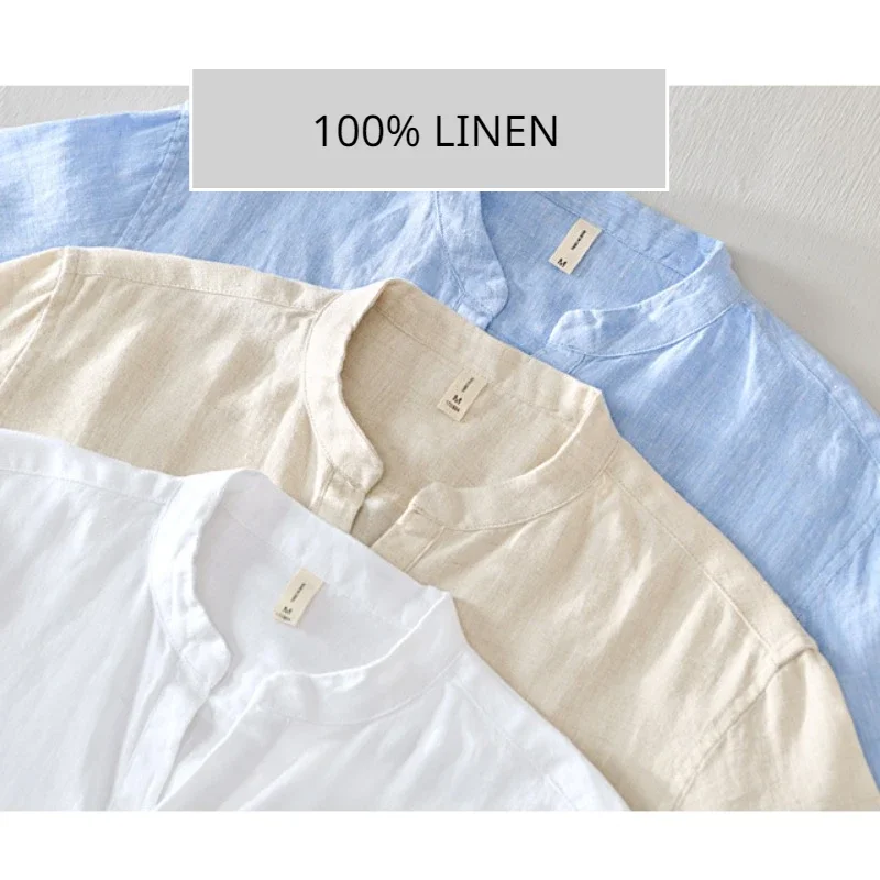 Summer New Vintage Pure Linen T Shirt for Men Thin and Simple Solid Color Slim Men Clothing B3309