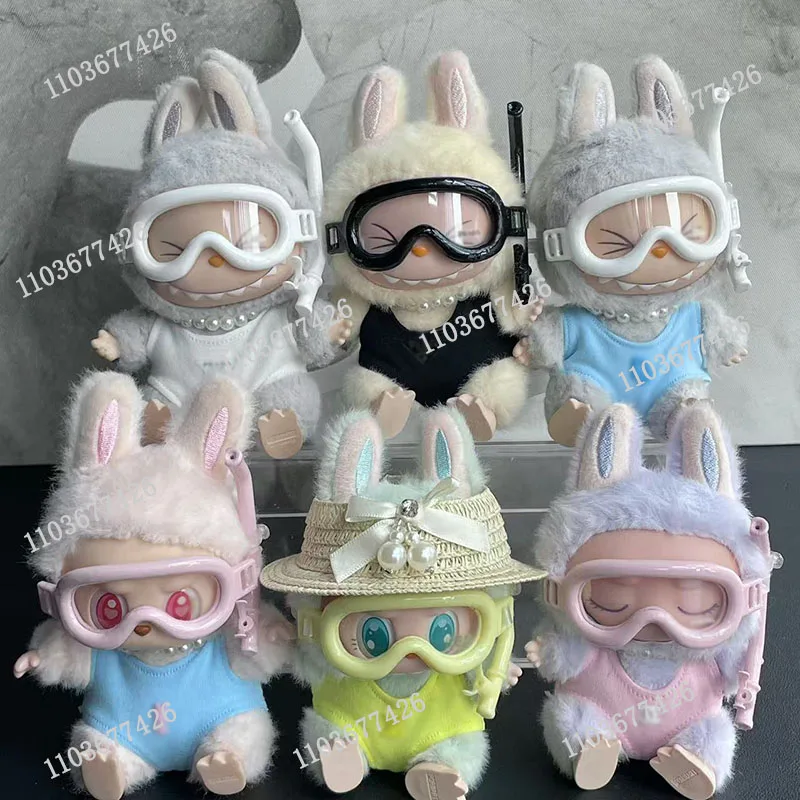 Handmade Custom 17cm Labubu Cute Swimsuit Set With Vinyl Doll Diving Suit Labubu V1v2 Diving Goggles Macaron Series Clothing