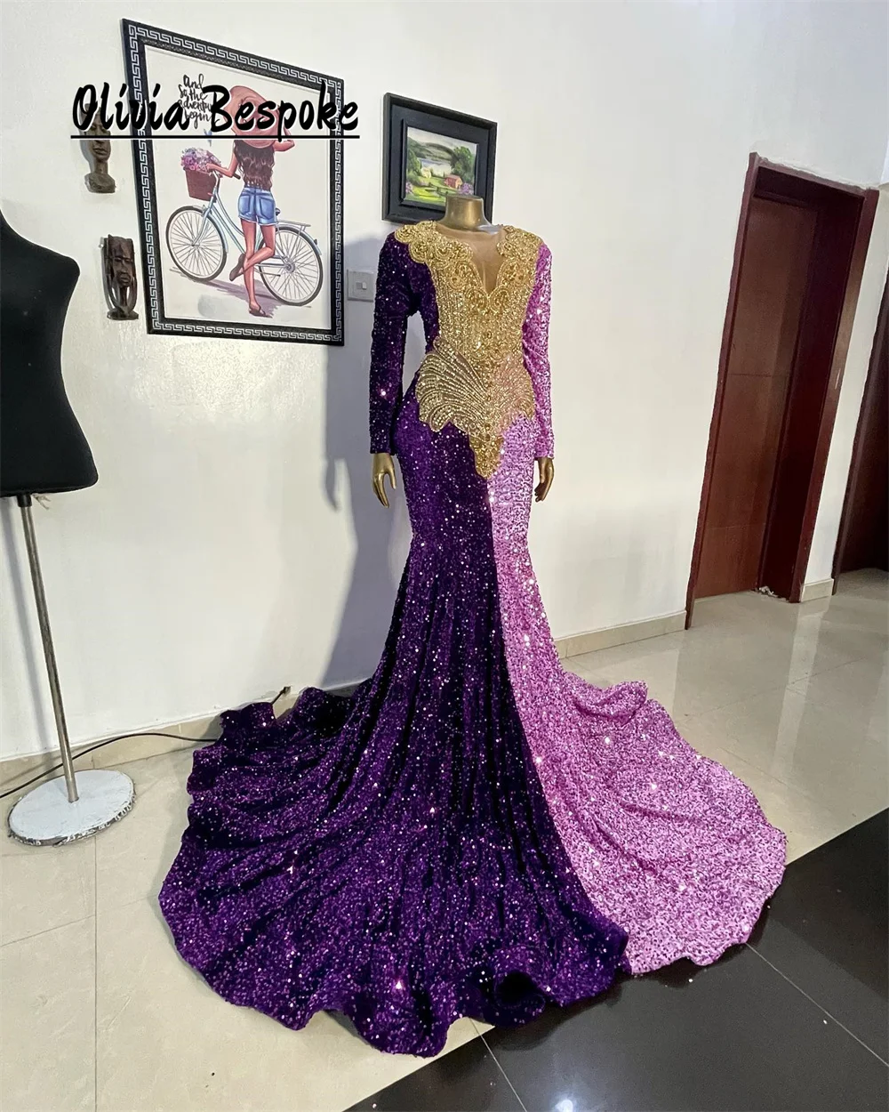 Excellent Style Dark And Light Purple Prom Dresses Black Girls Long Sleeves Sequin Beaded Rhinestones Birthday Dress Luxury 2024