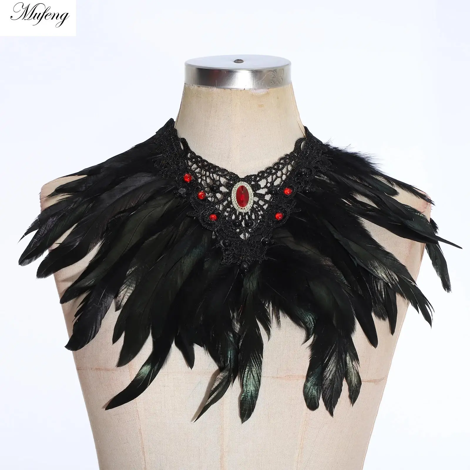 

Adult Halloween Gothic Feather Cape Shawl Rhinestones Fake Collar Shoulder Lace Feather Cape Choker for Vintage Party Decorates