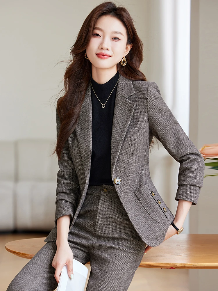 Caramel Color Women's Suit Set Formal Professional Workwear Slim Fit Jacket And Pants Ensemble for Autumn High End Occasions
