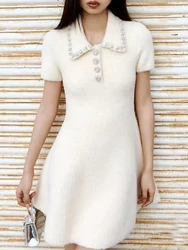 Rhinestone Lapel Short Sleeve Knit Womens dresses Ivory White Plush Slim Temperament Elegant Short Dresses 2024 Spring New