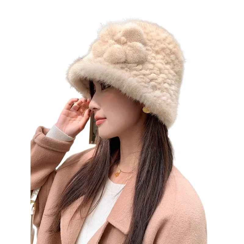 Winter new mink hair hat female Korean version versatile warm mink hair woven flower real hair bucket hat fur hat