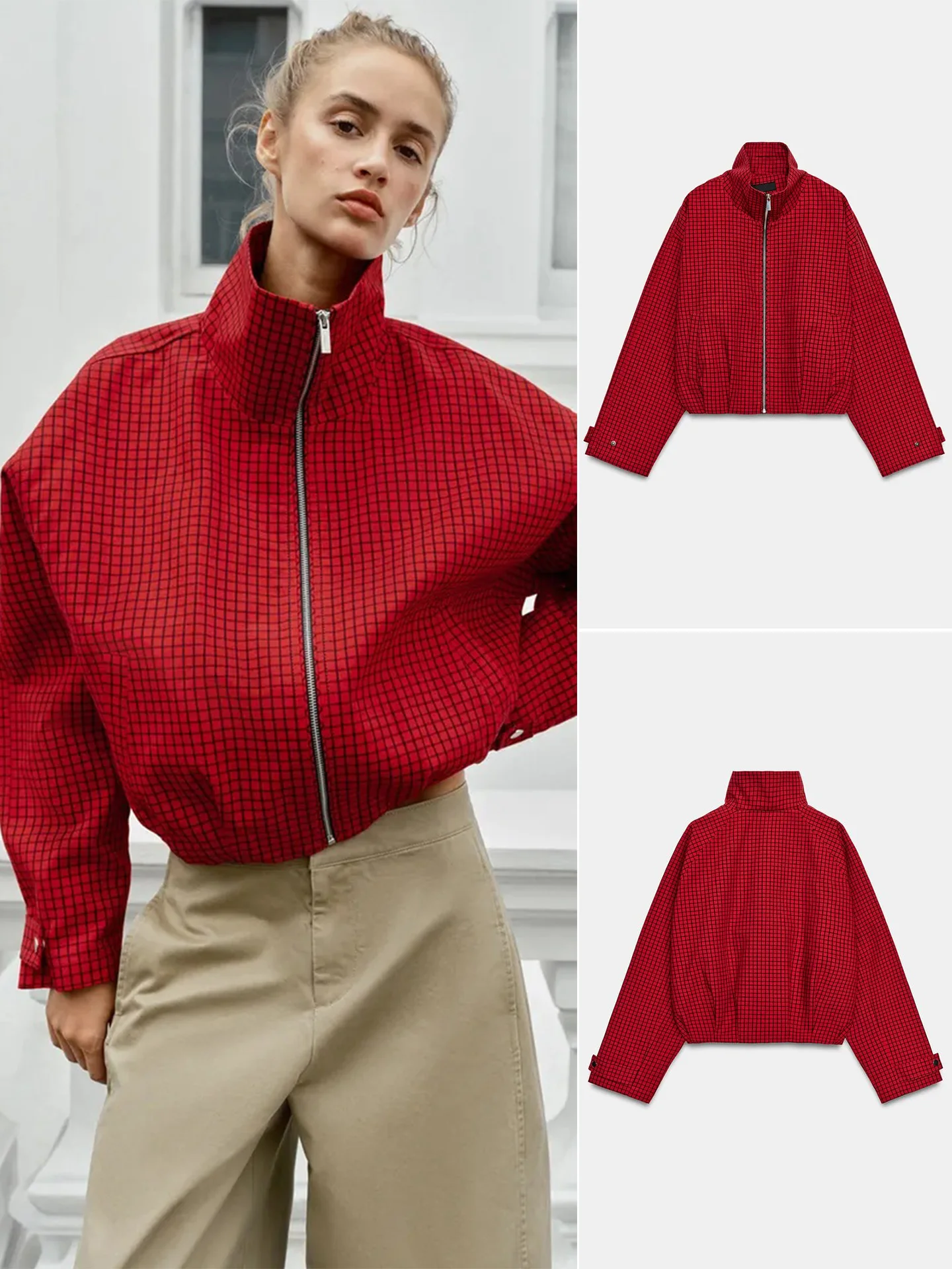 Autumn New Women's Long Sleeve Stand Collar Pleated Hem Plaid Pilot Jacket Outerwear Casual Style Polyester Fiber Short Length